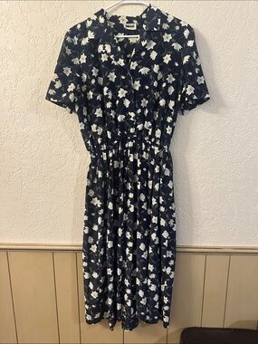 Vintage Leslie Fay Navy Midi Dress with White Floral Print